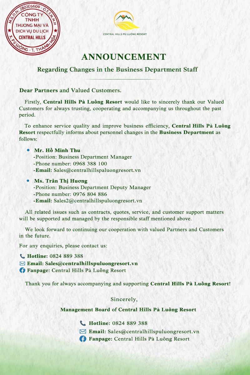 ANNOUNCEMENT ON CHANGES IN THE SALES DEPARTMENT